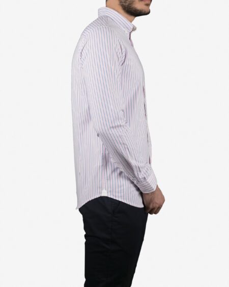 پیراهن آستین بلند راه راه مردانه سفید با خطوط صورتی آبی - سفید - بغل