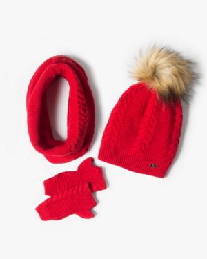 ست کلاه و شال گردن و دستکش بافتنی ساده - قرمز - رو به رو