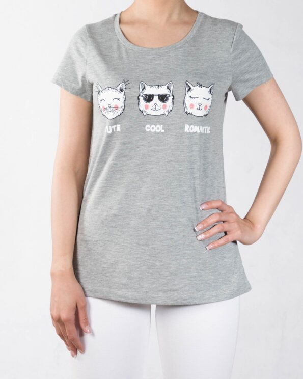 تی شرت زنانه طرح گربه - ملانژ - رو به رو