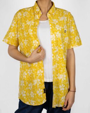 پیراهن آستین کوتاه زنانه طرح هاوایی- زرد- نمای روبرو
